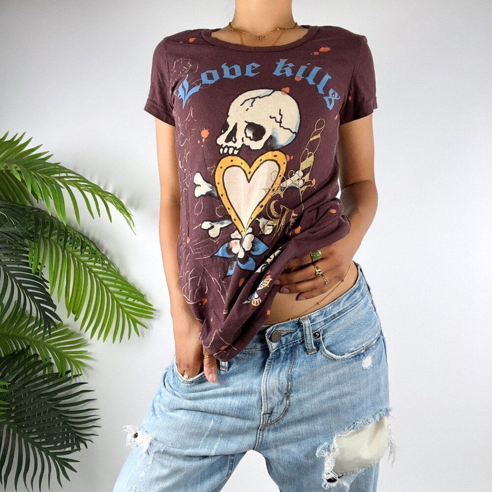 Vintage Y2K Ed Hardy Brown Grunge Streetwear Short Sleeve Graphic T-Shirt / S